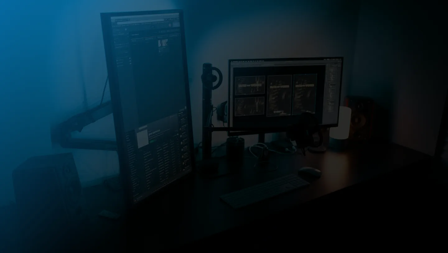 A development workspace with code on desktop monitors